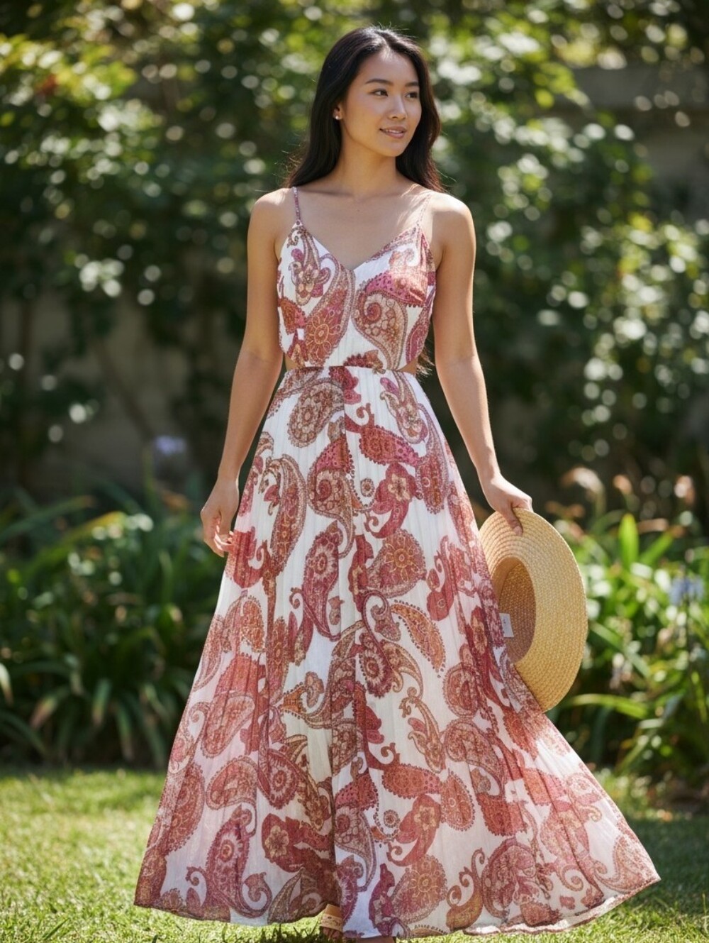 NWT Express White and Pink Paisley Pleated Maxi Dress Sz Sm